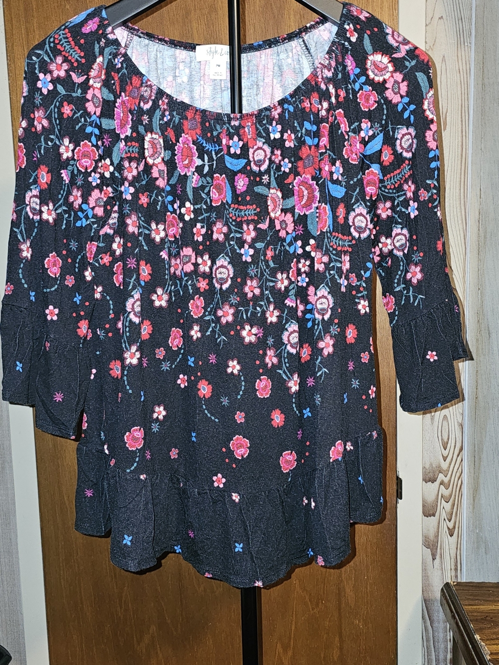 Style & Co. Black Floral Smocked Petite Top with Pink and Blue Flowers